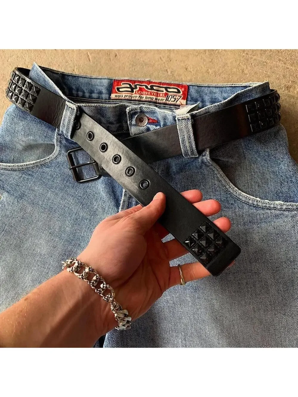 Vintage y2k 2000s Punk Style Diamond Studded black essential belt. Goth emo